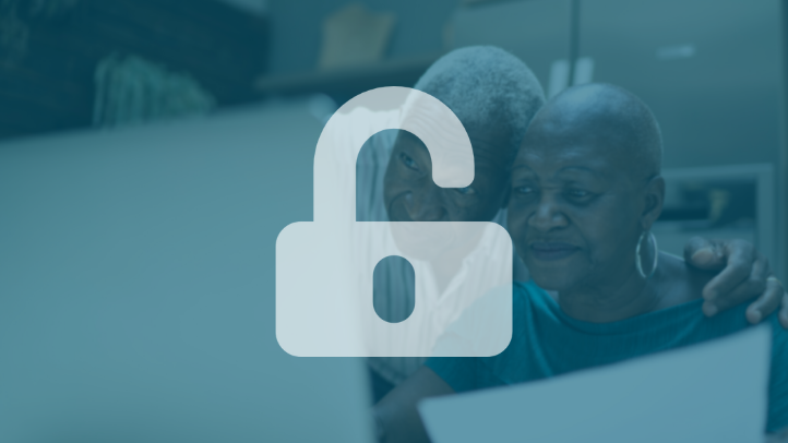 Clickable image of an older African American couple looking over papers and a laptop with a blue tint and padlock icon overlaid