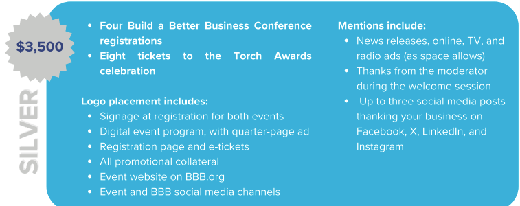 Silver Sponsorship $3,500 Four Build a Better Business Conference registrations Mentions include: News releases, online, TV, and radio ads (as space allows) Thanks from the moderator during the welcome session  Up to three social media posts thanking your business on Facebook, X, LinkedIn, and Instagram Eight tickets to the Torch Awards celebration  Logo placement includes: Signage at registration for both events Digital event program, with quarter-page ad Registration page and e-tickets All promotional collateral Event website on BBB.org Event and BBB social media channels 