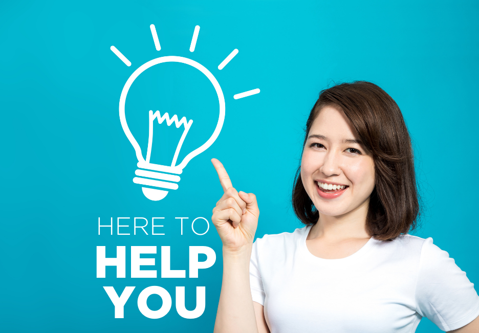 smiling girl points to icon of light bulb. WE'RE HERE TO HELP YOU printed on screen