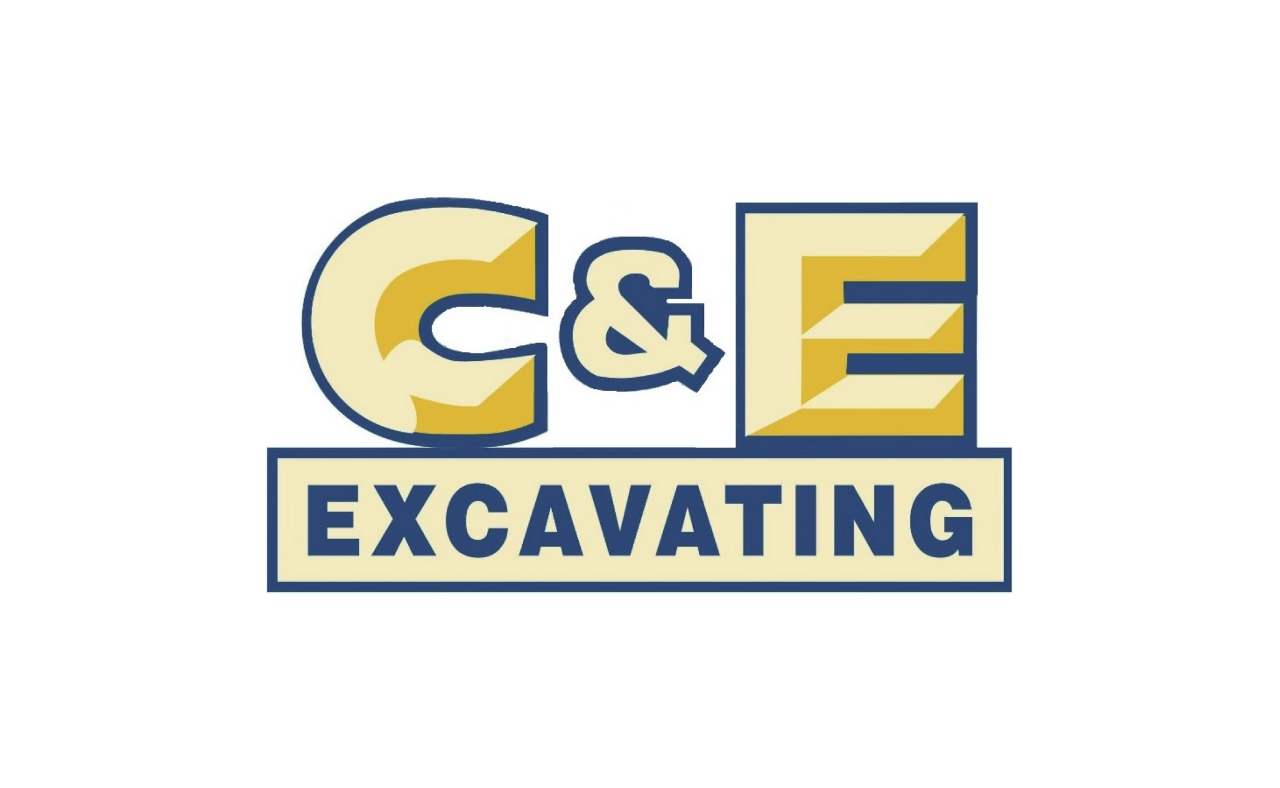 C&E Excavating logo, yellow and blue letters on a white background