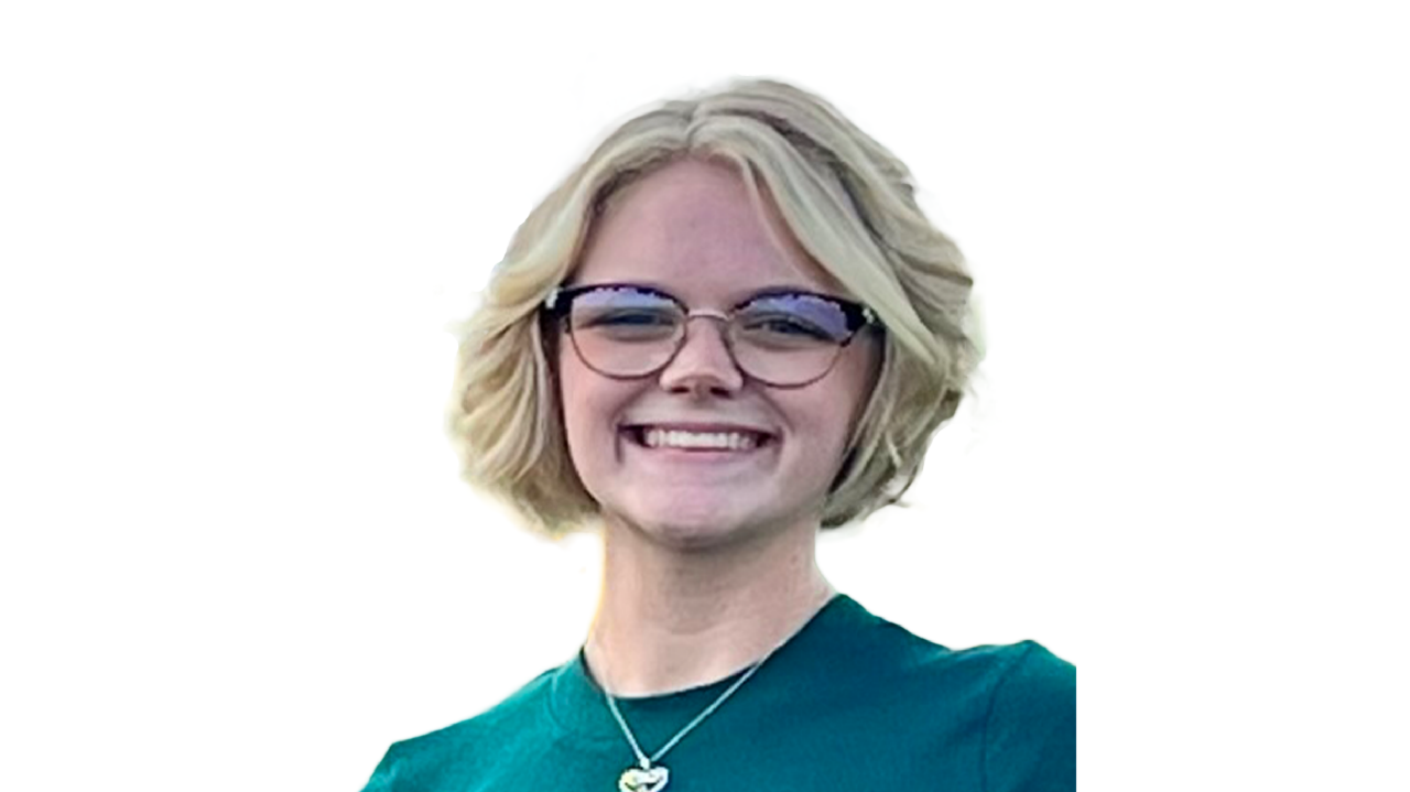 headshot of teen girl with short wavy blond bob and glasses