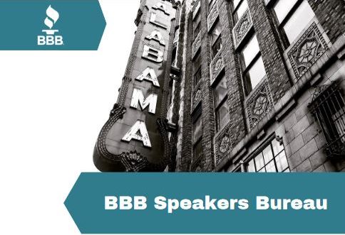 BBB speakers bureau logo and old black and white alabama storefront