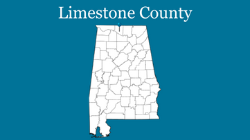 Blue background with outline of Alabama with blue pin on Limestone County and the words Limestone County up top