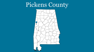 Blue background with outline of Alabama with blue pin on Pickens County and the words Pickens County up top