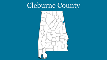 Blue background with outline of Alabama with blue pin on Cleburne County and the words Cleburne County up top