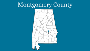 Blue background with outline of Alabama with blue pin on Montgomery County and the words Montgomery County up top