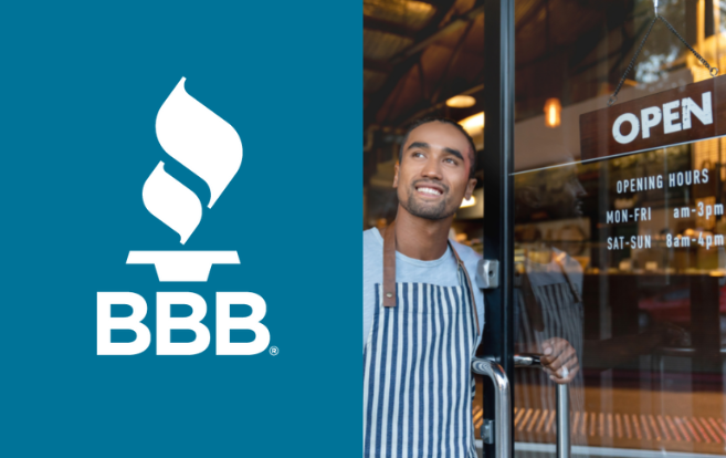 Business owner holding a door open with the white BBB torch on blue background