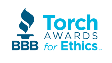 BBB blue torch with torch awards for ethics written in two tones