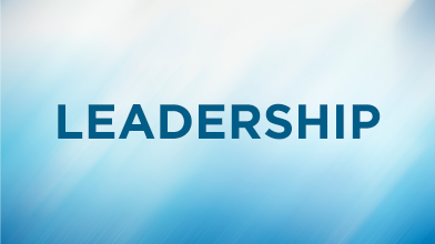 The word leadership in all caps in bbb blue over gradient light blue background