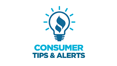 torch logo inside lightbulb with words consumer tips and alerts in two tone blue
