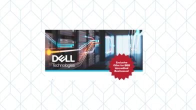 neon lights running over main frame computer and the words Dell Technology