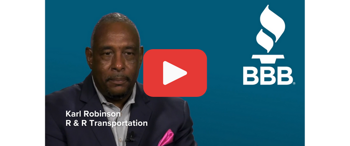 older African American male on blue background - Karl Robinson R&R Transportation and a play button