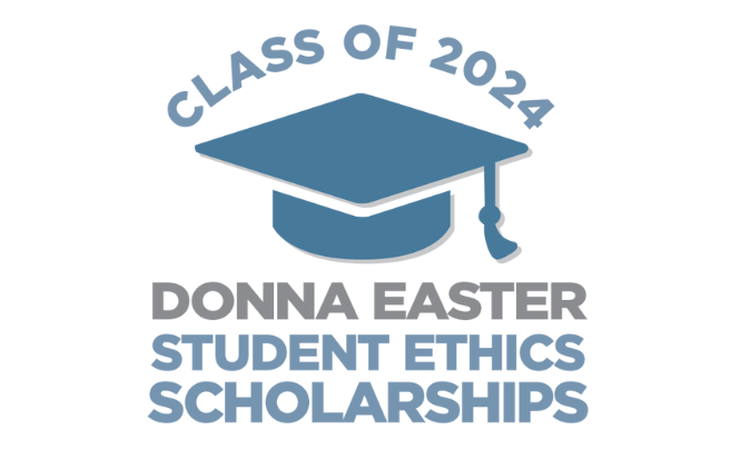 blue graduation cap with class of 2024 arced over the ht and the words donna easter student ethics scholarship written below - all on a white background