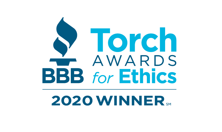 Blue BBB torch logo on white background with the words Torch Awards for Ethics in two tone and 2020 winner in dark blue