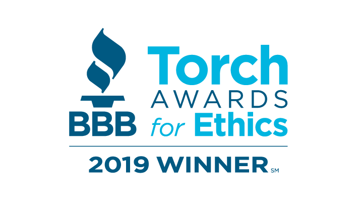 Blue BBB torch logo on white background with the words Torch Awards for Ethics in two tone and 2019 winner in dark blue