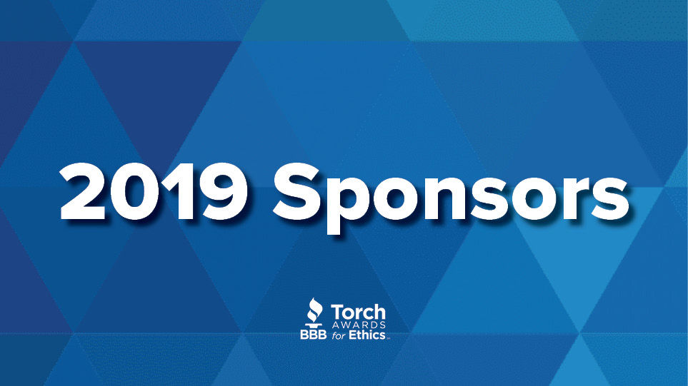 2019 Sponsors text overlayed on multi-blue background