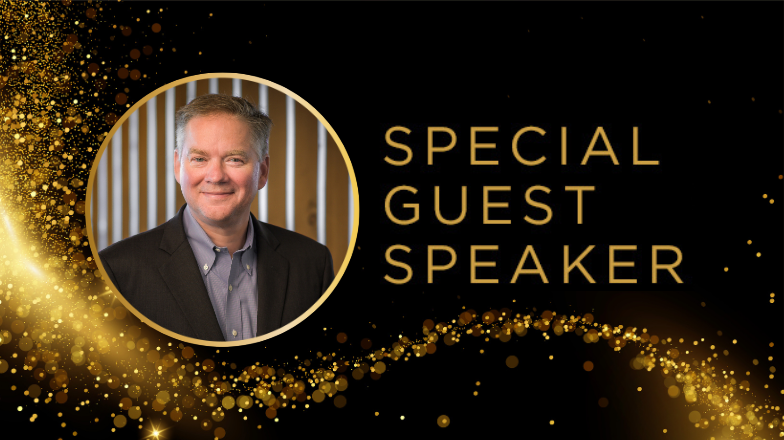 headshot of jim kirk on a gold and black background with the text special guest speaker in gold