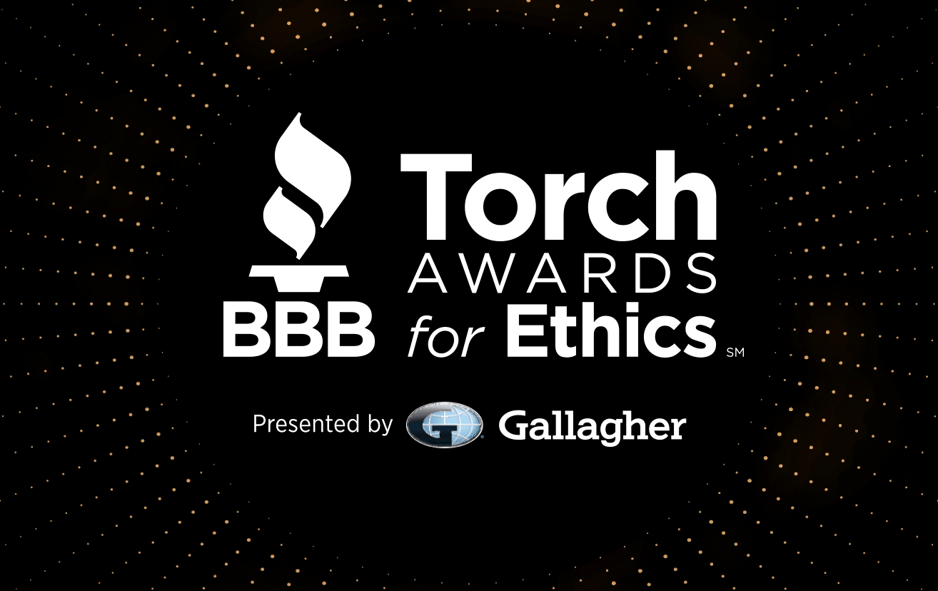 bbb torch awards for ethics and torch logo on a gold and black background with gallagher logo