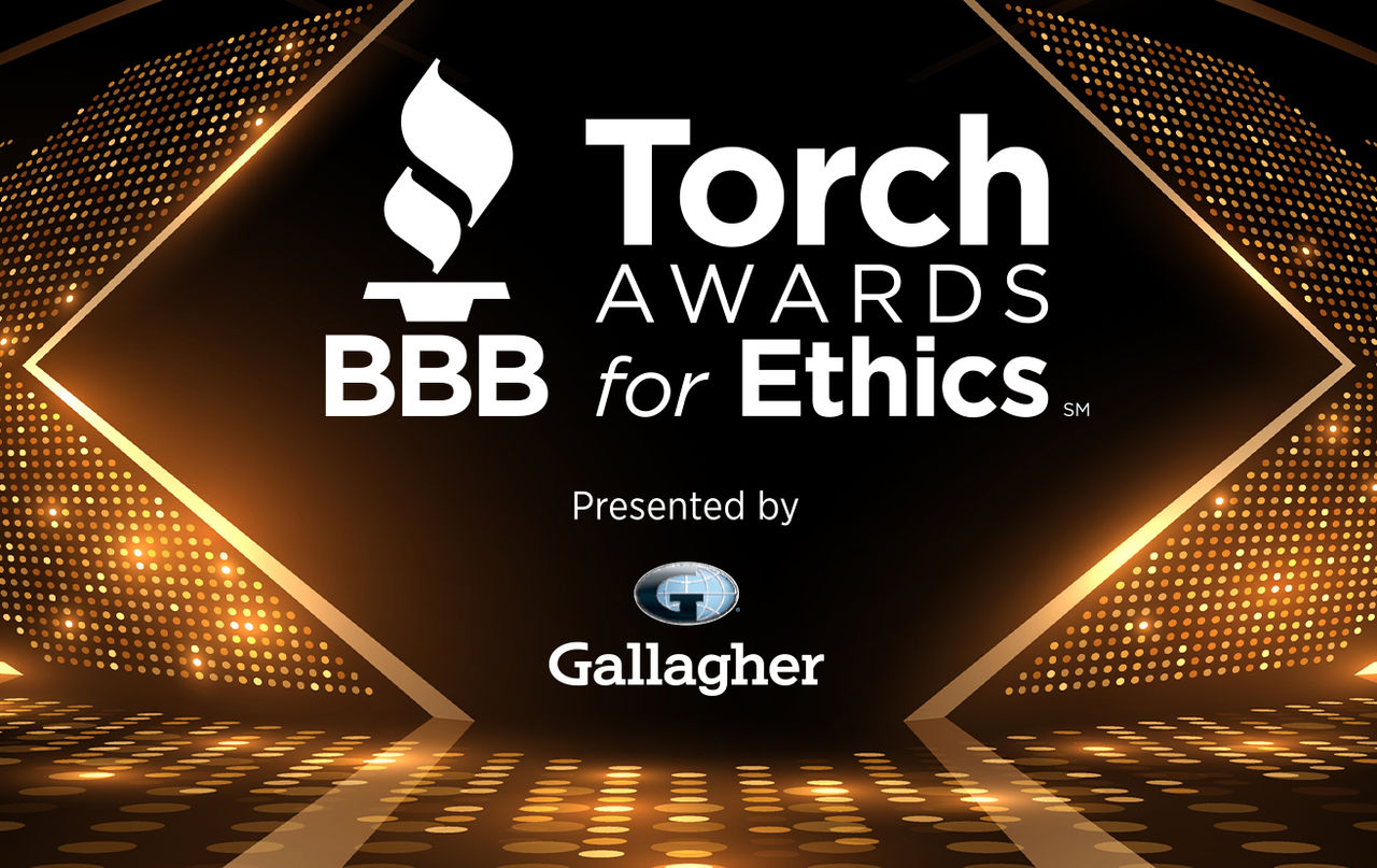 bbb torch awards for ethics and torch logo on a gold and black background with gallagher logo