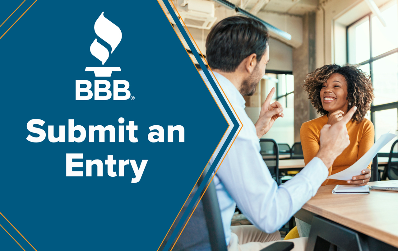 BBB logo next to image of woman showing a paper to a man