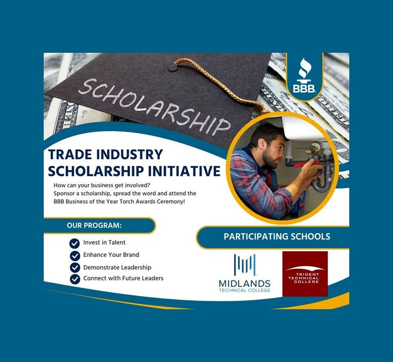plumber fixing pipe under a sink with "trade industry scholarship initiative" and graduation cap on flyer