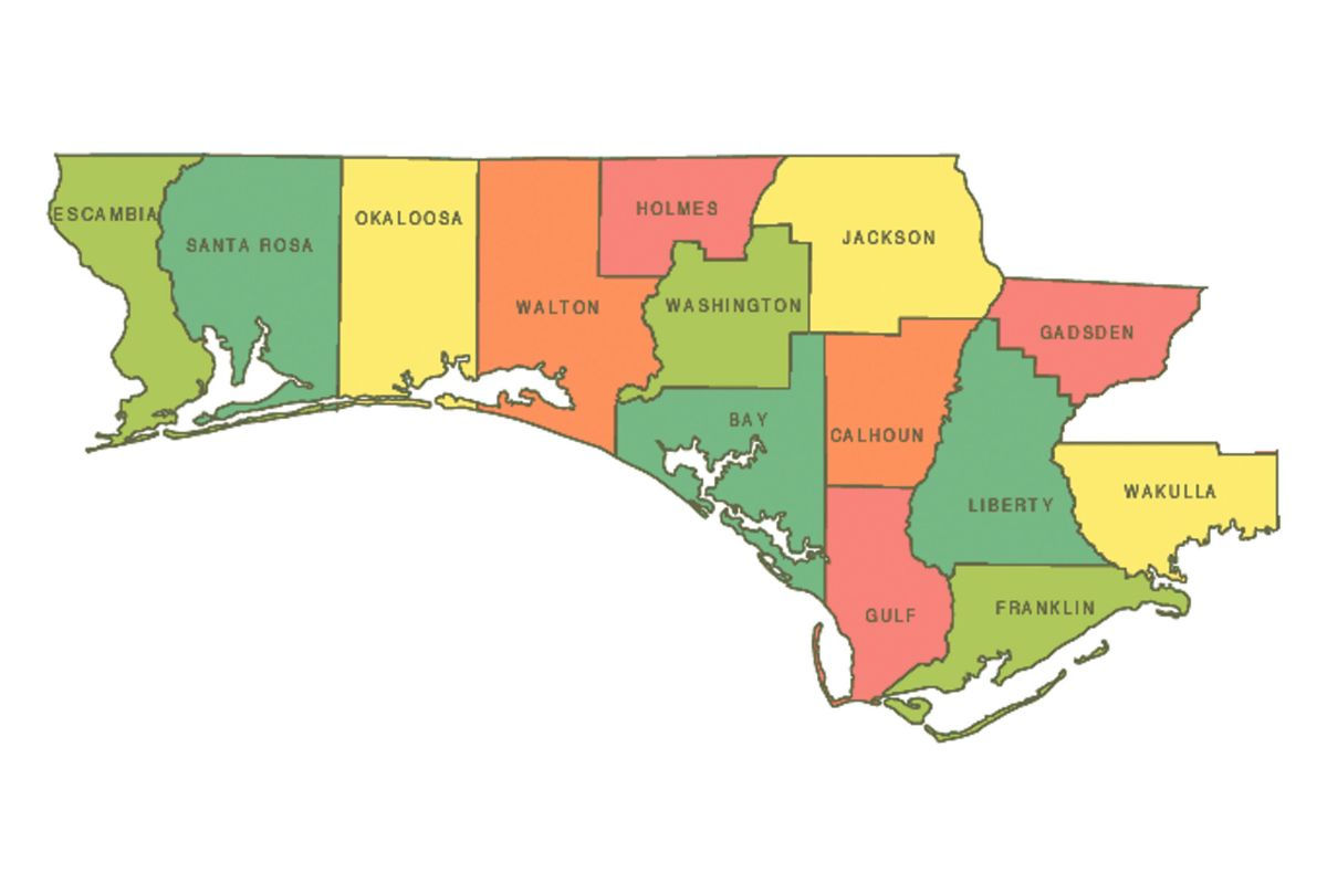 Image of Northwest Florida panhandle with the 14 different counties highlighted in different colors