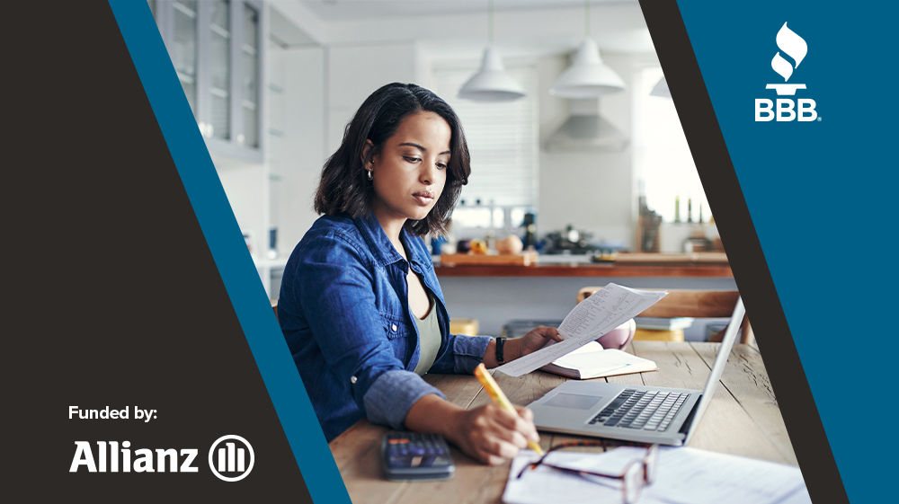 Grey and blue graphic of young woman of color holding documents and looking at her computer