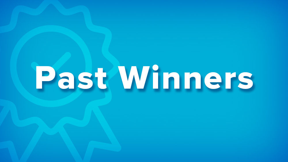 Blue image with light blue torch icon with white text "Past Winners"