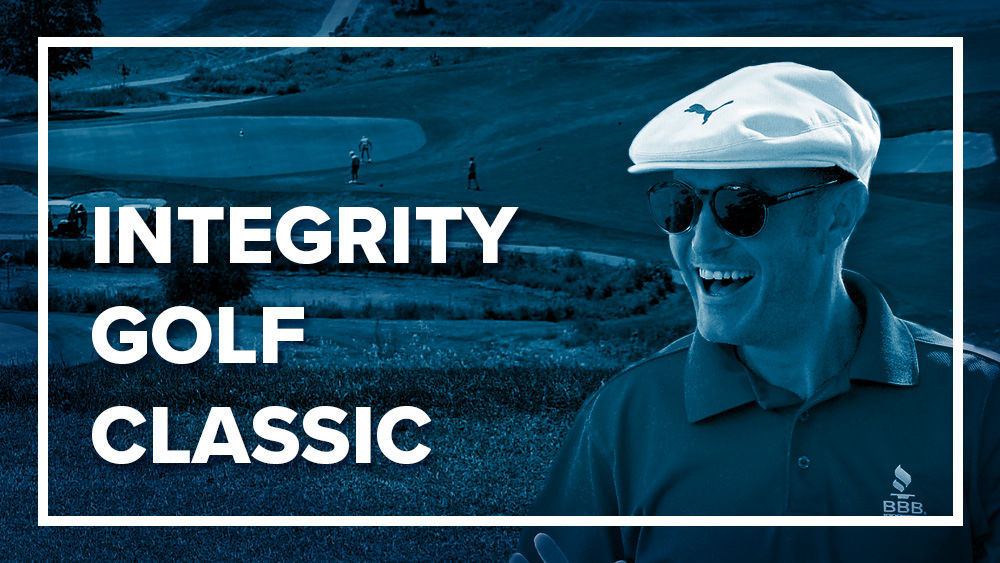 White text reading "Integrity Golf Classic" inside white border over blued image of golfer smiling on a golf course