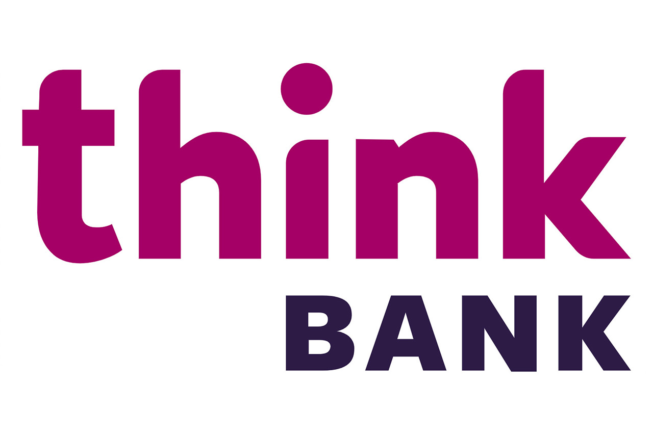 "Think Bank" logo in pink and black text on white background