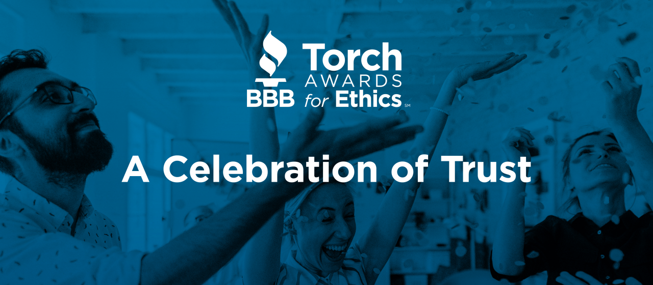 BBB Peoria Torch Awards white text blue background with overlay of celebrating woman