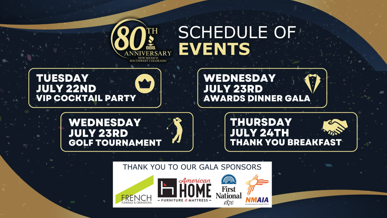 BBB 80th Anniversary Schedule of Events including VIP Cocktail Party, Golf Tournament, Awards Dinner Gala, and Thank You Breakfast, July 22–24, 2025.