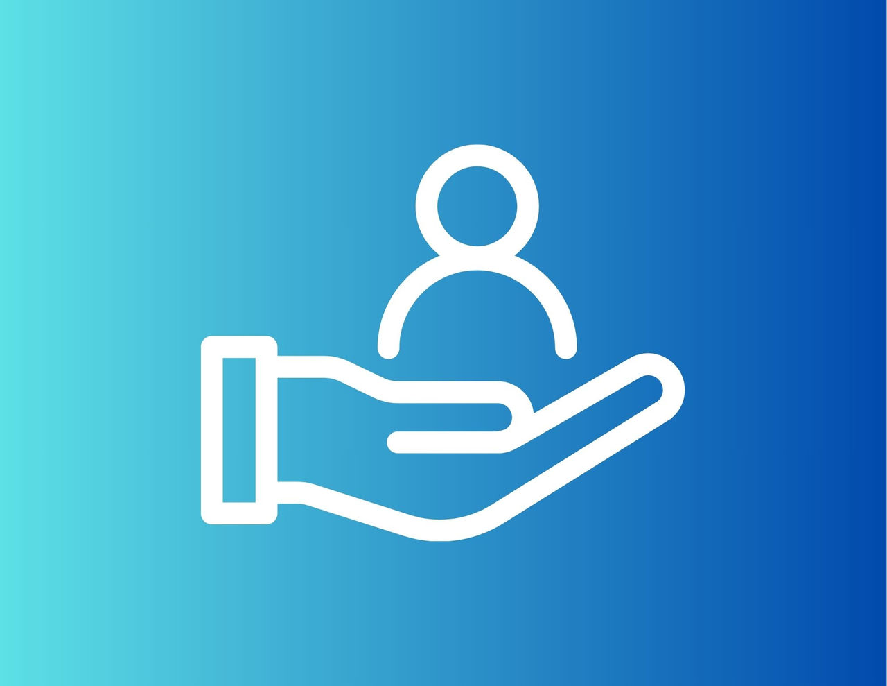 White icon of a person icon in a white icon hand on a blue background