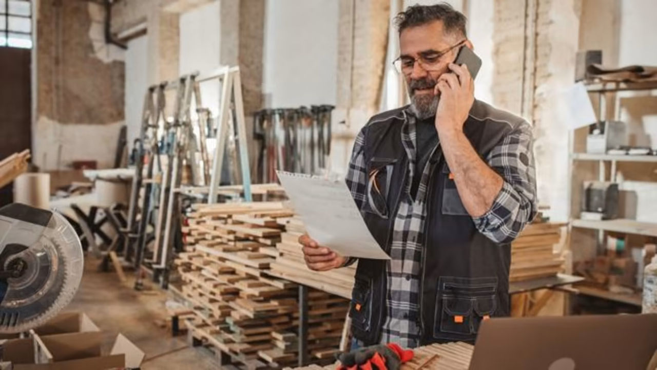 Shop owner on phone looking at paper