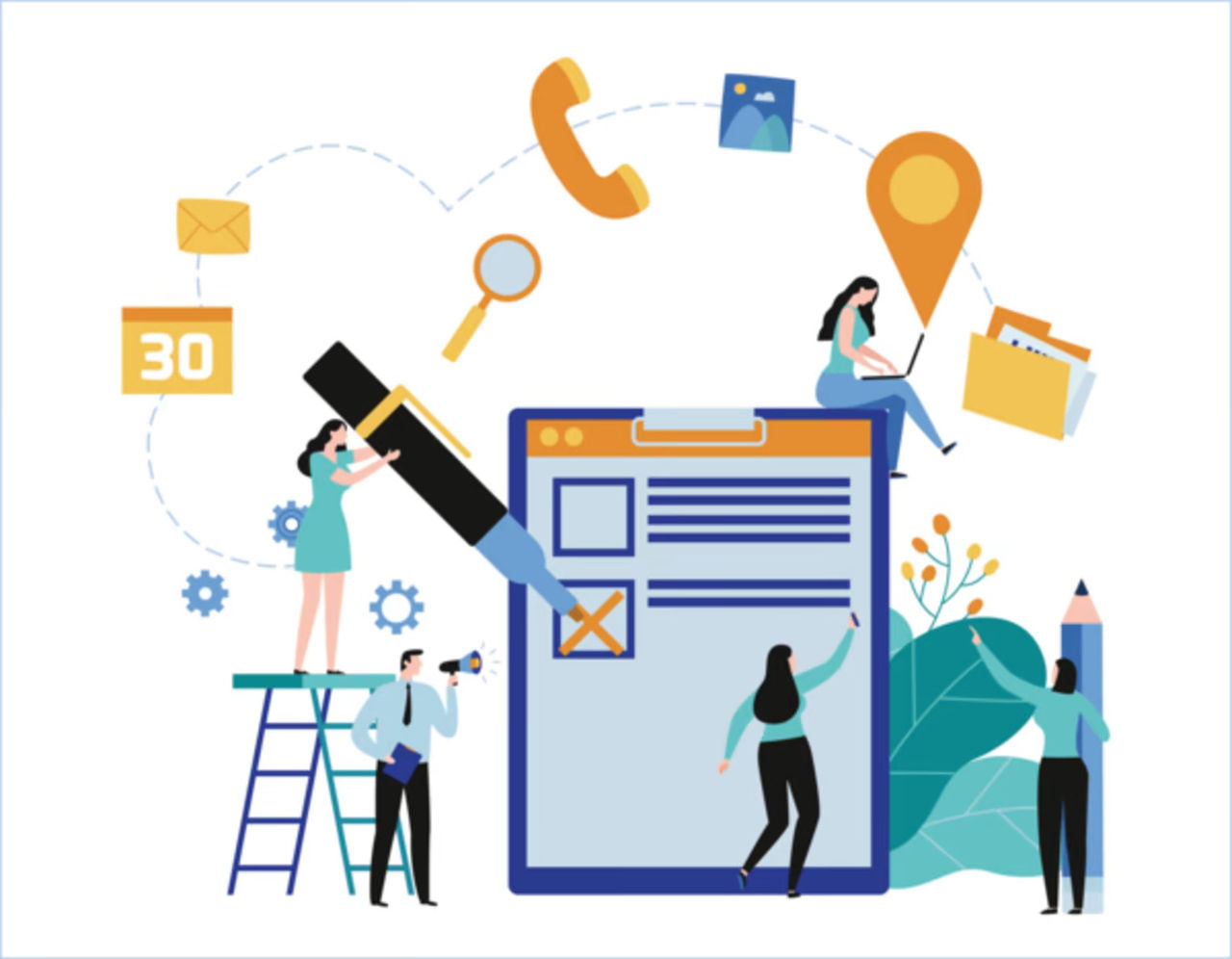 Illustration of team working on tasks