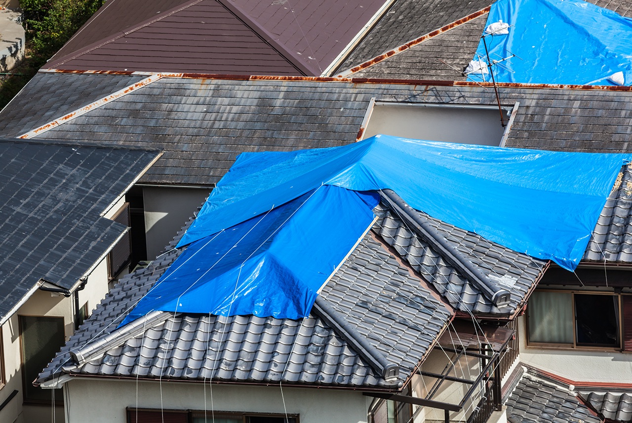 Houses with tiled roof covered by blue sheet after hurricane