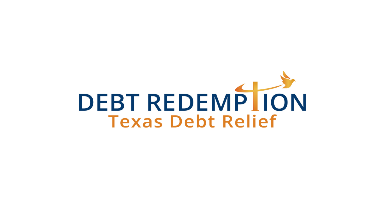 Logo for Debt Redemption Texas Debt Relief, featuring the company name in blue and orange text. The 'T' in 'Redemption' is stylized as a gold cross with a curved line, and a small gold dove is flying to the right of the cross.