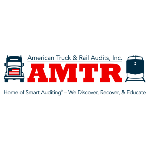 Logo of American Truck & Rail Audits, Inc. (AMTR), featuring a red truck icon on the left, a blue rail icon on the right, and the company name in bold red and blue text with the tagline 'Home of Smart Auditing – We Discover, Recover, & Educate' underneath.