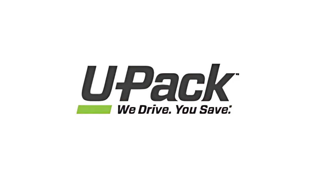 Black U-Pack logo with tagline 'We Drive. You Save.' and a green rectangle on the 'U'