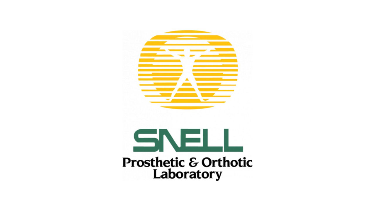 Snell Prosthetic & Orthotic Laboratory logo featuring a yellow stylized figure in a circular design with horizontal lines, representing the human form, above the company name in green and black text.