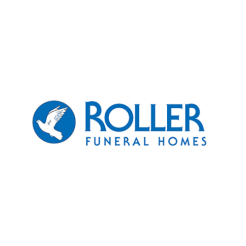 Roller Funeral Homes logo featuring a white dove in flight inside a blue circular background, positioned to the left of the company name in blue uppercase text.