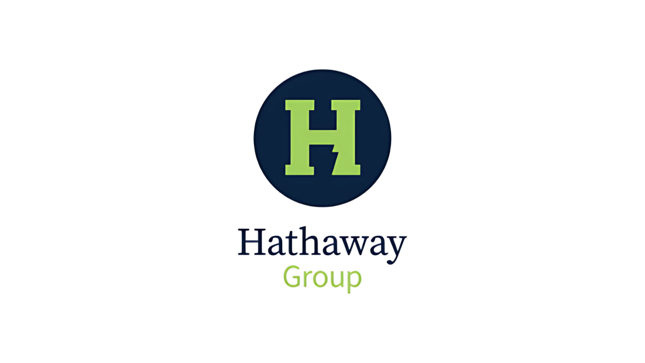 Hathaway Group logo featuring a bold green letter 'H' inside a navy blue circle, with the words 'Hathaway' in navy blue and 'Group' in green below.