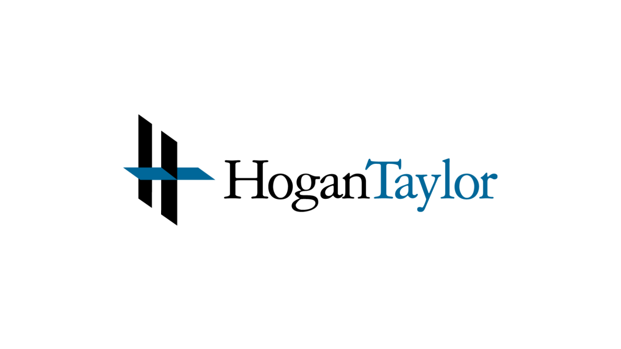 HoganTaylor logo featuring a stylized black 'H' intersected by a blue horizontal bar, with the company name displayed to the right in black and blue text.