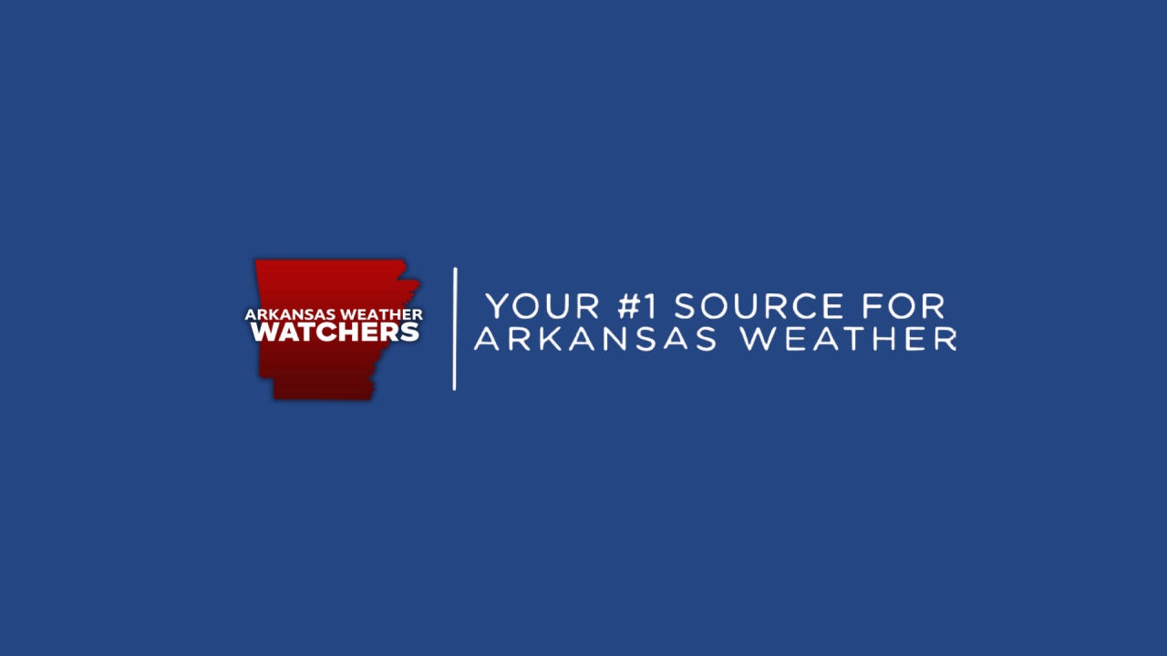 Arkansas Weather Watchers logo featuring a red silhouette of the state of Arkansas with the words 'Arkansas Weather Watchers' in white text. To the right, a white vertical line separates the tagline 'Your #1 Source for Arkansas Weather' in bold, uppercase white letters on a solid blue background.