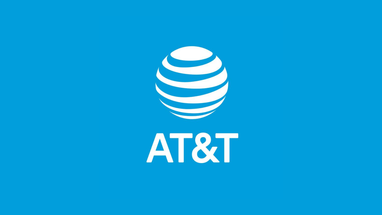 AT&T logo featuring a white, striped globe icon above the text “AT&T” in bold white letters, set against a bright blue background.