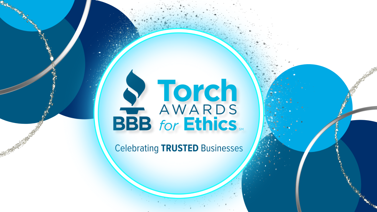 Graphic featuring a series of blue circles arranged in a pattern. In the middle the text reads "Torch Awards for Ethics, Celebrating Trusted Businesses".