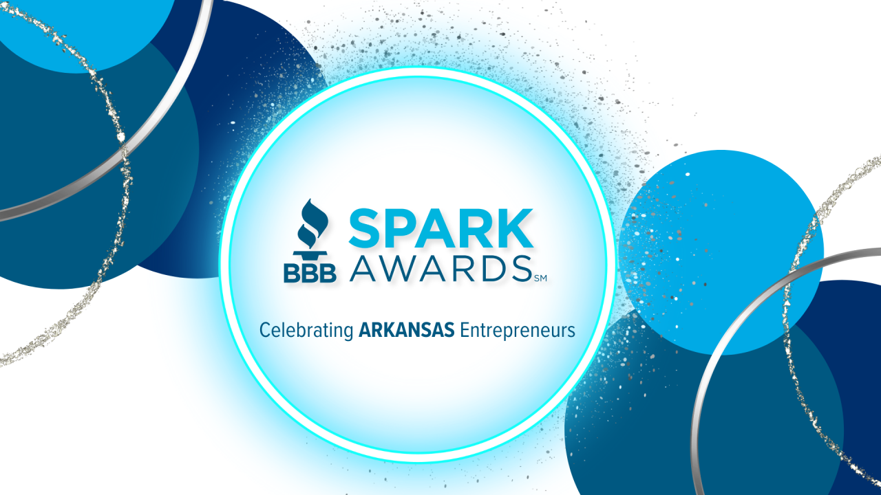 Graphic featuring a series of blue circles arranged in a pattern. In the middle the text reads "Spark Awards, Celebrating Arkansas Entrepreneurs".