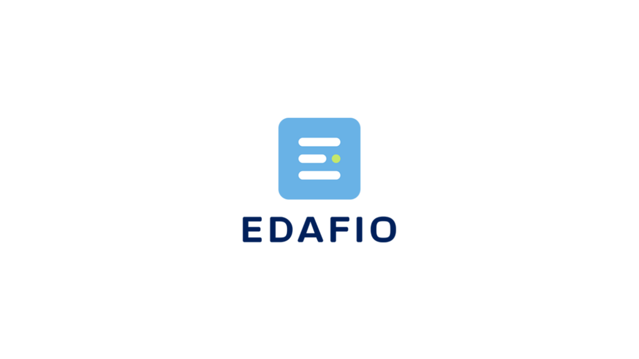 A business logo shows a blue square icon with an abstrat "E" in the middle. The text underneath reads Edafio.