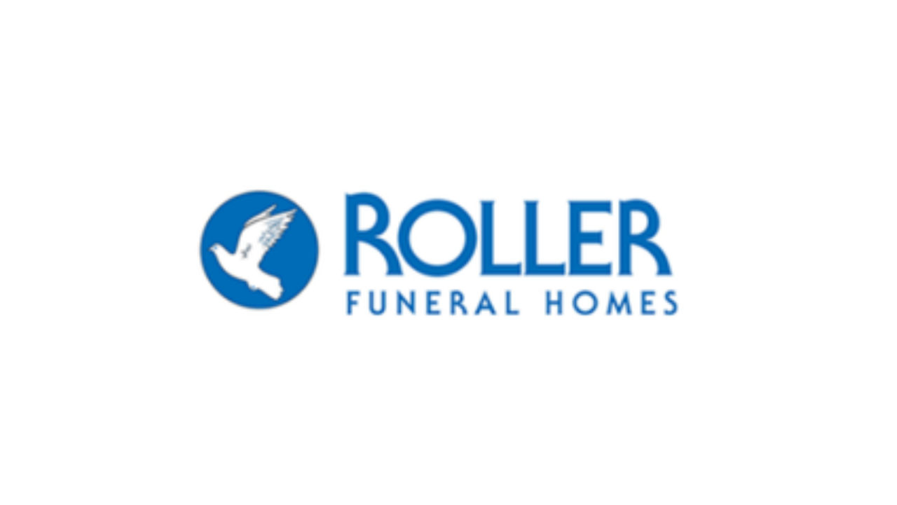 A business logo shows a white dove is shown in a blue circle next to text that reads Roller Funeral Homes.