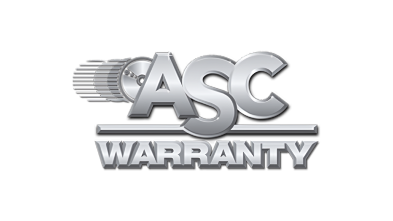 ASC Warranty logo featuring bold, metallic silver letters 'ASC' with a stylized speedometer design in the background, and the word 'Warranty' in silver below a horizontal line.
